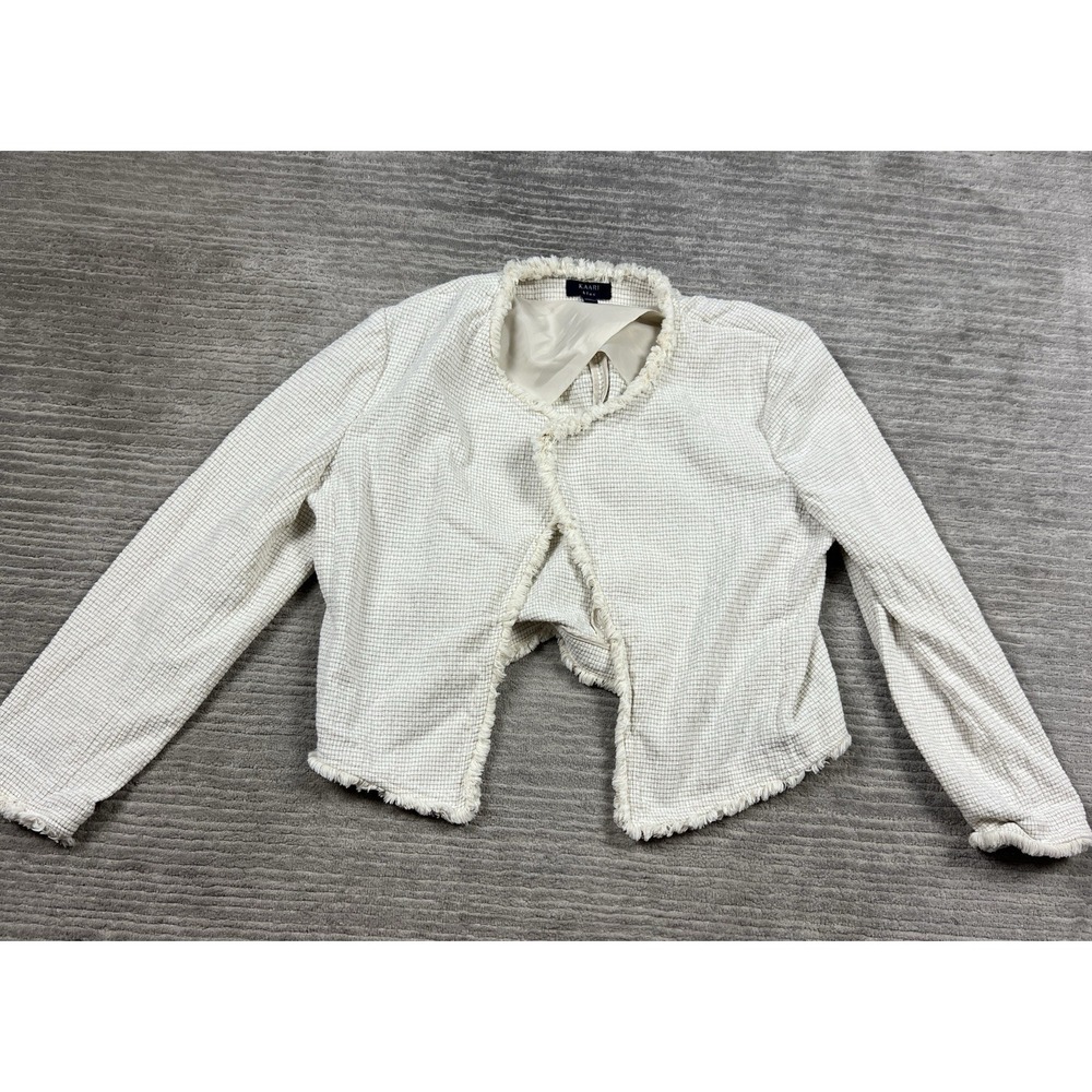 Kaari‎ Blue Career Jacket Womens XL Beige Open Front Cotton Blend Long Sleeve